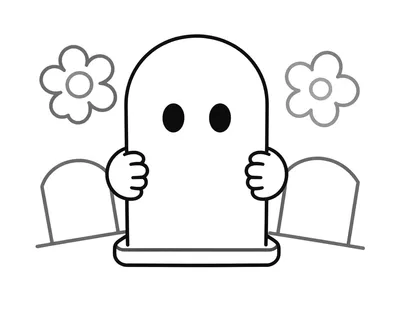 Dibujo para colorear de un fantasma asomado tras una lápida en un cementerio con flores