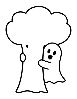Dibujo para colorear de un fantasma sonriente que se asoma detrás de un árbol grande.