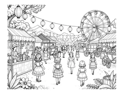 Dibujo para colorear de una feria andaluza con casetas a rayas, farolillos, un coche de caballos y una noria al fondo.