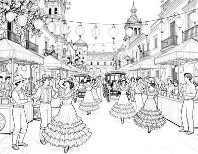 Dibujo para colorear de una calle concurrida de la Feria de Abril de Sevilla al atardecer, con casetas de rayas, farolillos encendidos, bailaoras de sevillanas y coches de caballos.