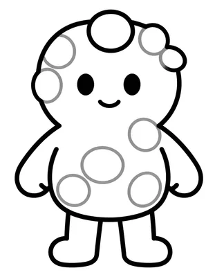 Dibujo para colorear de una figura redondeada y sonriente con círculos que parecen caramelos, con formas grandes y líneas gruesas.