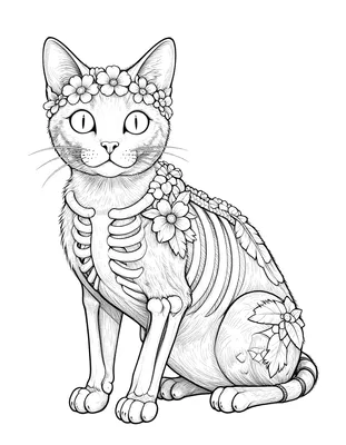 Dibujo para colorear de un gato esqueleto sentado con una corona de flores y detalles florales en el lomo y la cola.