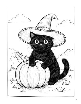 Dibujo para colorear de un gato negro con sombrero de bruja sentado junto a una calabaza grande.