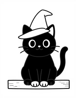Dibujo para colorear de un gato negro con un sombrero de bruja sentado sobre una valla