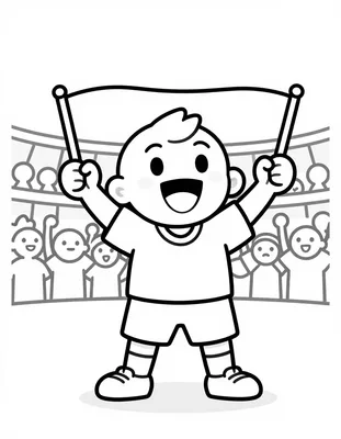 Dibujo para colorear de un jugador de fútbol sonriente que celebra un gol con los brazos en alto ante la afición del estadio