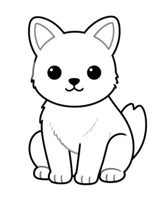 Dibujo para colorear de un cachorro de lince ibérico sentado, con ojos redondos grandes, orejas puntiagudas y cola esponjosa.