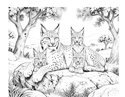 Dibujo para colorear de una madre lince ibérico con dos crías descansando sobre una roca en la dehesa mediterránea