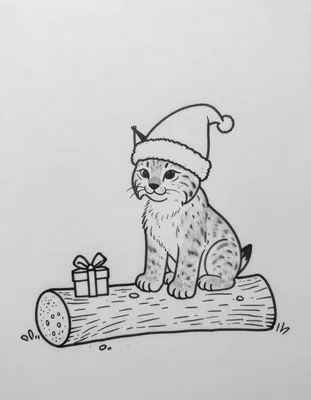 Dibujo para colorear de un lince ibérico con gorro de Papá Noel sentado junto a un tronco y un regalo