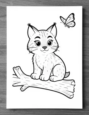 Dibujo para colorear de un lince ibérico sonriente sentado en una rama con una mariposa volando cerca
