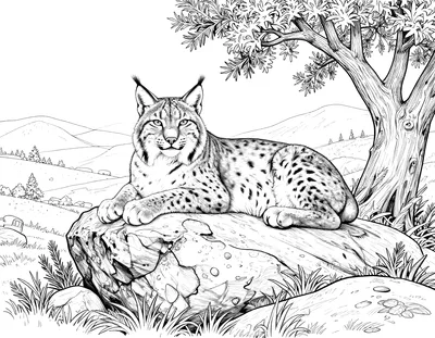 Dibujo para colorear de un lince ibérico tumbado sobre una roca en un bosque mediterráneo con alcornoques y colinas al fondo
