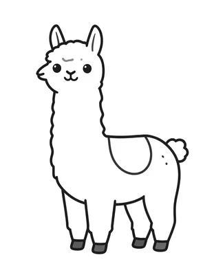 Dibujo para colorear de una llama grande y sencilla de pie junto a un cactus redondo