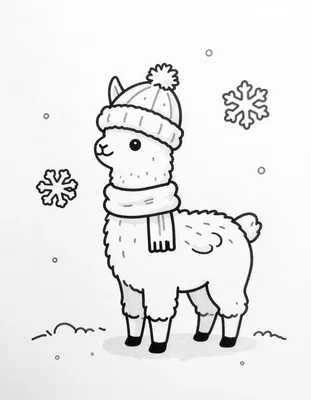 Dibujo para colorear de una llama esponjosa con gorro de punto y bufanda bajo copos de nieve