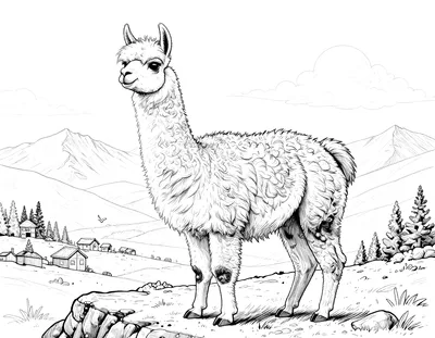 Dibujo para colorear de una llama realista de pie en un risco andino al amanecer, con montañas nevadas, nubes, un pequeño pueblo y aves al fondo.