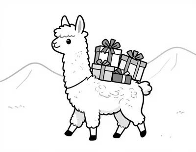 Dibujo para colorear de una llama sonriente que lleva regalos envueltos en la espalda por un camino de montaña en Navidad