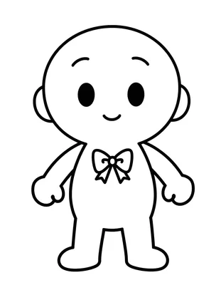 Dibujo para colorear de un muñeco kawaii de cuerpo entero con orejas redondas, ojos grandes y una pajarita en el pecho.