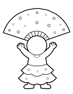 Dibujo para colorear de una niña con un abanico de flamenca abierto y un vestido de volantes con lunares