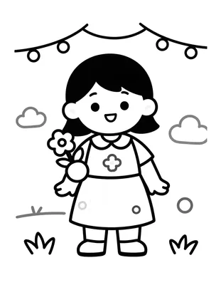 Dibujo para colorear de una niña con vestido tradicional que coloca una flor sobre una falla de cartón piedra en una plaza con luces de fiesta.