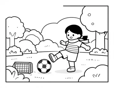 Dibujo para colorear de una niña con camiseta de rayas y bufanda que chuta un balón hacia una portería pequeña en un parque soleado