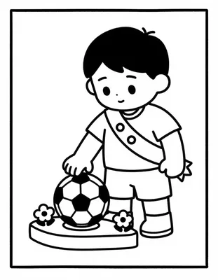 Dibujo para colorear de un niño con camiseta y banda diagonal que coloca flores en un pequeño altar de ofrenda junto a un balón de fútbol.