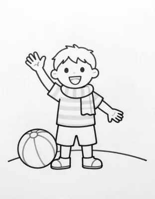 Dibujo para colorear de un niño sonriente con camiseta a rayas que saluda con una bufanda junto a un balón en el parque