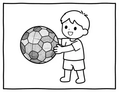 Dibujo para colorear de un niño sonriente sosteniendo un balón de fútbol junto a una piñata con forma de balón en una fiesta en la playa.