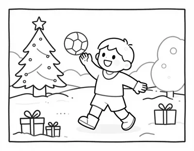 Dibujo para colorear de un niño sonriente jugando al balonmano con un balón en una plaza nevada, junto a un árbol de Navidad y regalos