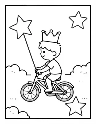 Dibujo para colorear de un niño pedaleando en bicicleta con una corona de papel y una estrella de palo