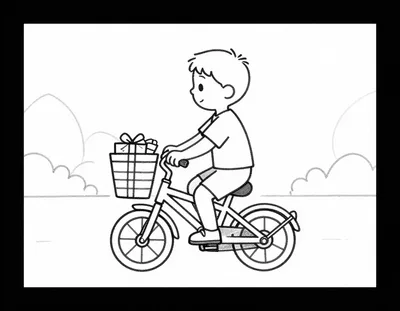 Dibujo para colorear de un niño montando en bicicleta con una cesta y un regalo mientras pasea por una calle festiva