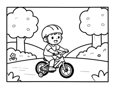 Dibujo para colorear de un niño con casco montando en una bicicleta con ruedines por un camino del parque, entre árboles y flores.