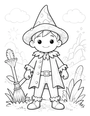 Dibujo para colorear de un niño sonriente disfrazado de brujo, con sombrero puntiagudo, capa con cuello de picos y una escoba apoyada a su lado.