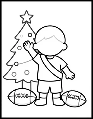 Dibujo para colorear de un niño con camiseta y banda cruzada que saluda junto a un árbol de Navidad decorado y dos balones de fútbol americano