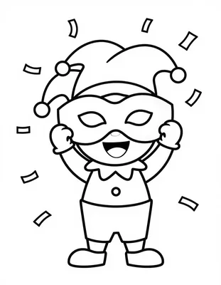 Dibujo para colorear de un niño feliz con gorro de bufón que sostiene una gran máscara de carnaval mientras caen confetis.