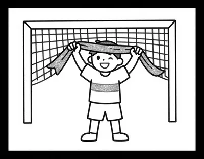 Dibujo para colorear de un niño sonriente que levanta una bufanda sobre la cabeza delante de la red de una portería de fútbol.
