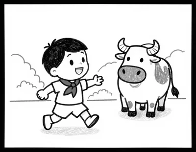 Dibujo para colorear de un niño con pañuelo rojo que corre delante de un toro tranquilo en una calle soleada