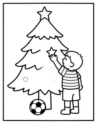 Dibujo para colorear de un niño con camiseta a rayas que coloca una estrella en un árbol de Navidad, con un balón de fútbol en el suelo