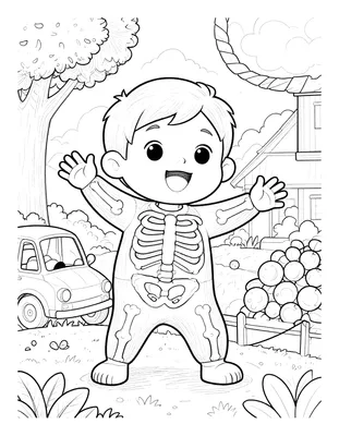 Dibujo para colorear de un niño con disfraz de esqueleto que baila feliz en el jardín de su casa.