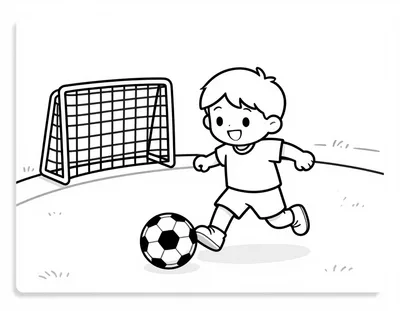 Dibujo para colorear de un niño sonriente que dribla un balón de fútbol en un campo soleado con una portería al fondo