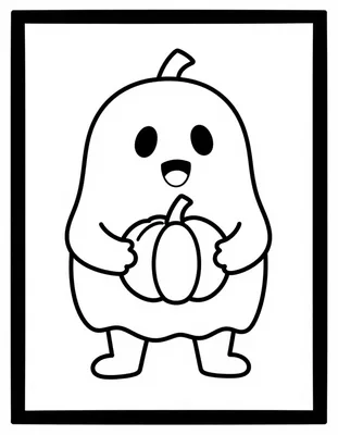 Dibujo para colorear de un niño sonriente disfrazado de fantasma que sostiene una calabaza pequeña.