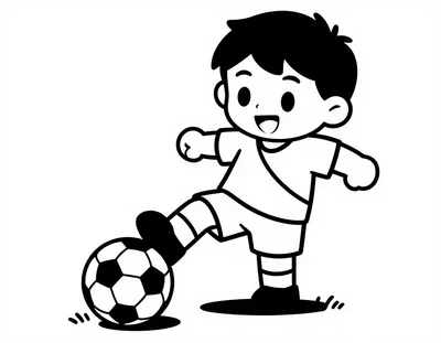 Dibujo para colorear de un niño sonriente con camiseta de banda diagonal que chuta un balón de fútbol en un campo de hierba