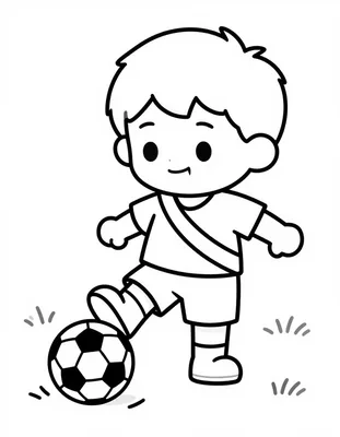 Dibujo para colorear de un niño sonriente con camiseta de banda que chuta un balón de fútbol en el campo