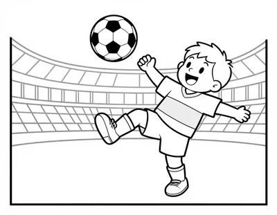 Dibujo para colorear de un niño futbolista sonriente que chuta un balón en un estadio con una camiseta azul y amarilla.