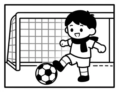 Dibujo para colorear de un niño con camiseta y bufanda de animador que chuta un balón hacia una portería de fútbol.