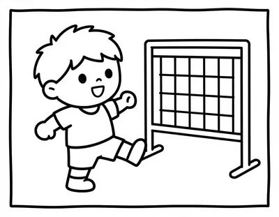 Dibujo para colorear de un niño futbolista con camiseta de banda ancha que chuta un balón hacia una portería sencilla.
