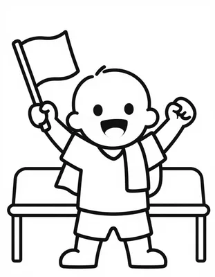 Dibujo para colorear de un niño hincha que anima con una bandera y una bufanda en la grada de un estadio