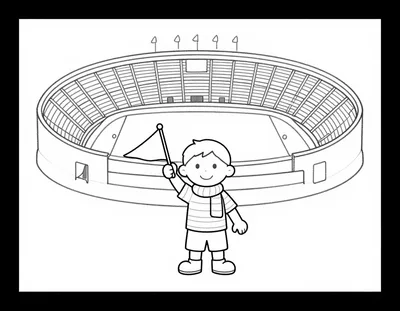 Dibujo para colorear de un niño hincha con camiseta a rayas y bufanda que sostiene un banderín delante de un estadio grande.