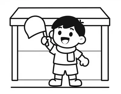 Dibujo para colorear de un niño sonriente que agita una bufanda y sostiene un balón frente a la entrada de un estadio