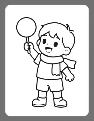 Dibujo para colorear de un niño hincha con bufanda que sostiene una bandera redonda en un partido de fútbol