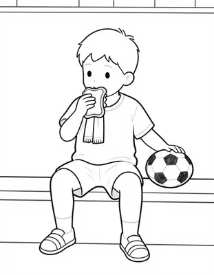 Dibujo para colorear de un niño sentado en las gradas del estadio comiendo un bocadillo con una bufanda y un balón de fútbol al lado