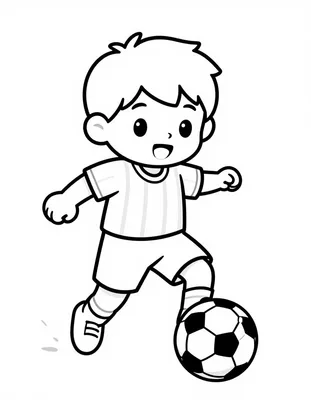 Dibujo para colorear de un niño sonriente con camiseta a rayas que da una patada a un balón de fútbol en un parque soleado.