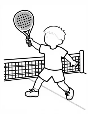 Dibujo para colorear de un niño en el aire golpeando una pelota de pádel con su pala sobre la pista y la red.